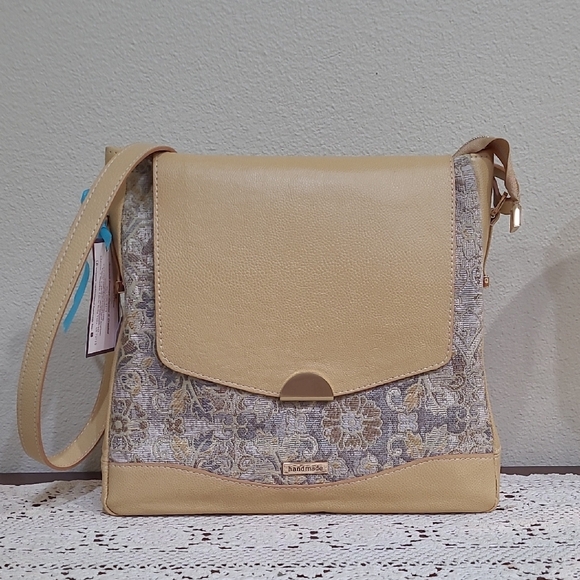 Artisan Designed Handmde Leather With Fabric Crossbody Bag - Tan and Cream
